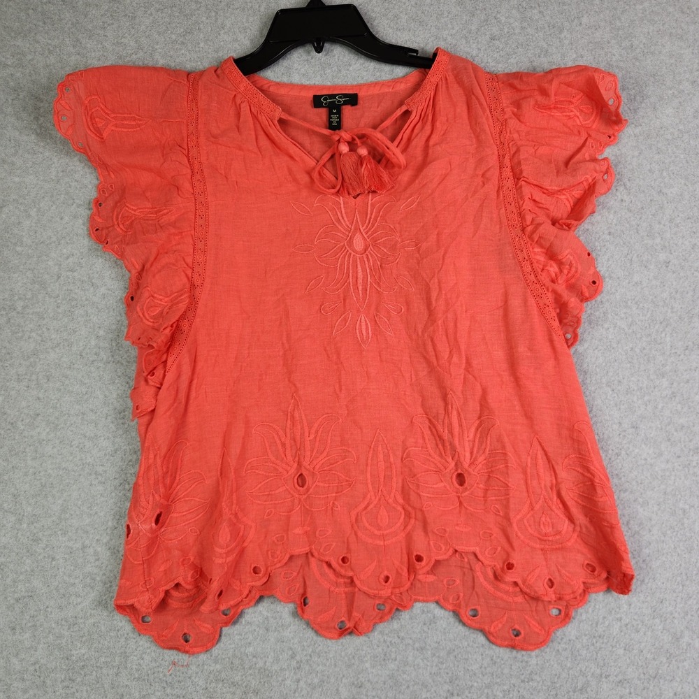 Jessica Simpson Top Womens M Orange Flutter Sleeve Eyelet Boho Tassel‎ Tie Front